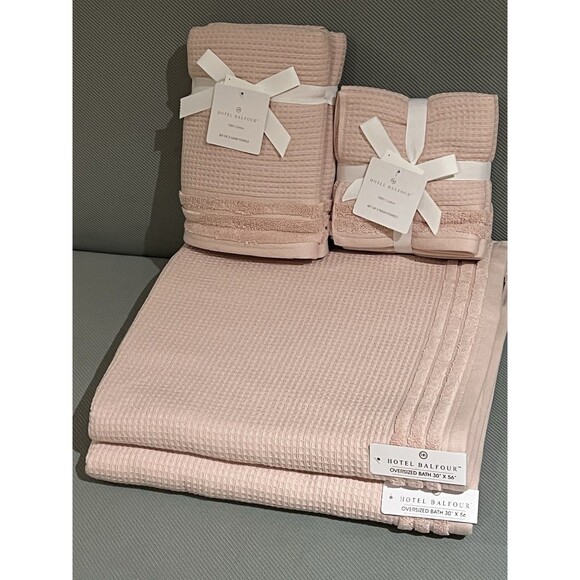 Hotel Balfour Bath Towel Set Pink Waffle Wave Textured Cotton 9 Piece Set NEW - Picture 2 of 10